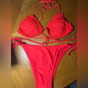 Red Women's Embroidered Triangle String Bikini Set - Unbranded top soo cute